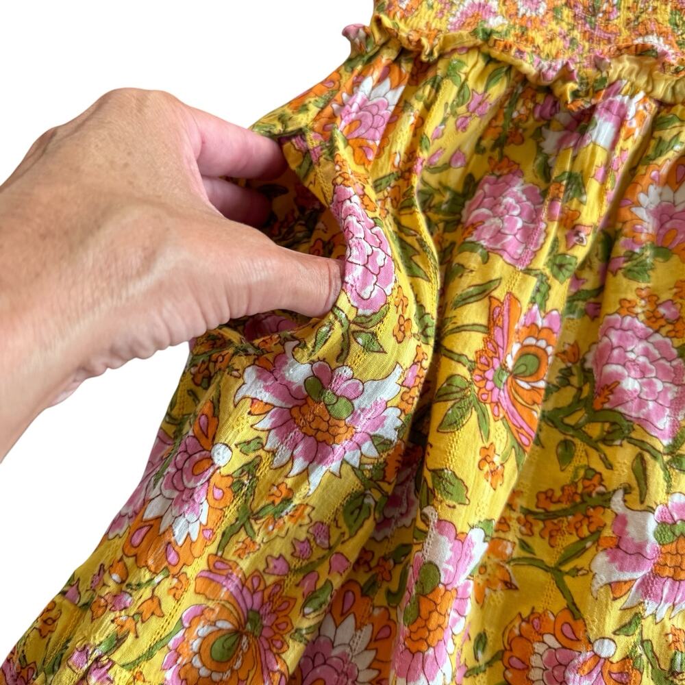 THML Women’s marigold/yellow floral dress, smocked bodice, pockets, ruffle, L - Picture 4 of 7